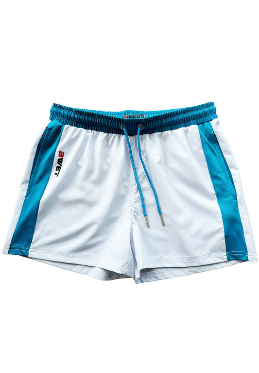 A pair of white **Coral Mist Athletic Beach Shorts** with blue side panels and an elastic waistband featuring a blue drawstring from **BWET Swimwear**. Perfect for summer escapades, the right side sports a small red and black logo with the text "SPORT" in vertical orientation.