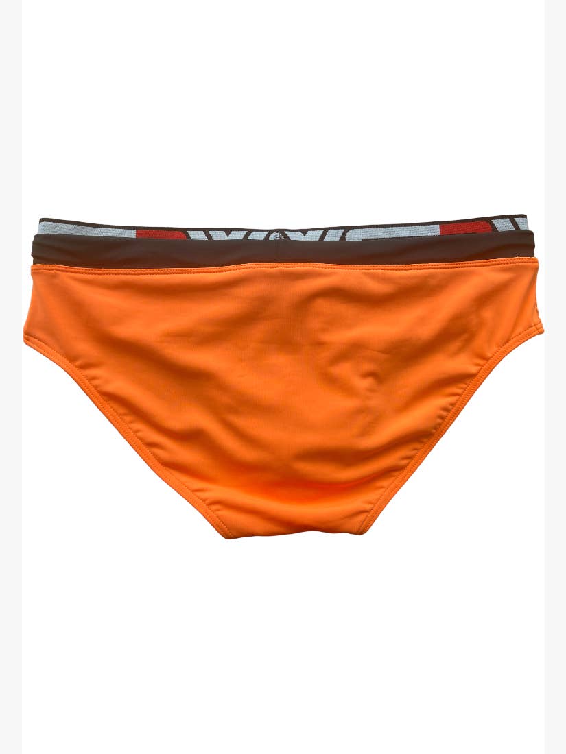 A pair of bright orange Nemo Beach Swimming Briefs - Unleash Your Boldness with Double Waistband - Perfect for Swimming and Sunbathing by BWET SWIMWEAR features a contrasting waistband with black, white, and gray sections. The swimming briefs are displayed on a plain white background.