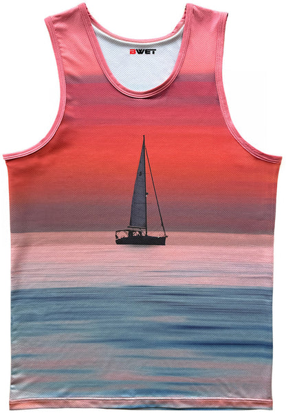 A Breathable Beach tank top "Sailboat" by BWET Swimwear featuring a serene sailboat on calm water during a sunset. The sky transitions from pink to orange, reflecting on the water, creating a tranquil and picturesque scene. The brand name "BWET Swimwear" is printed at the neckline.