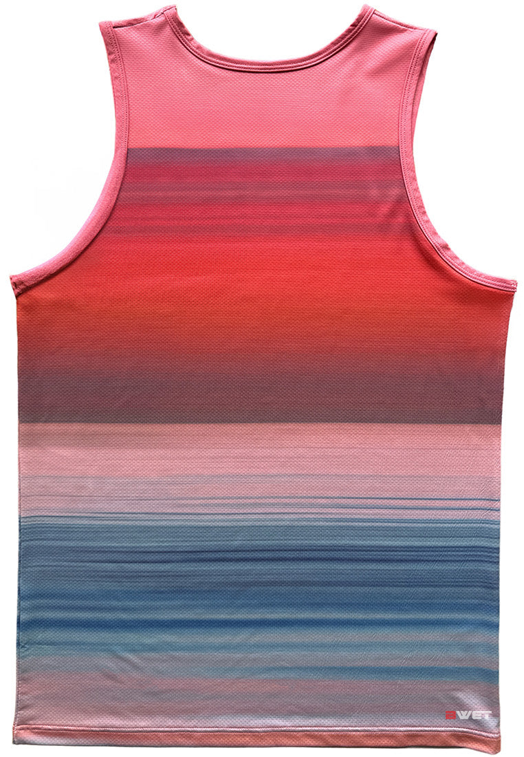 The Breathable Beach tank top "Sailboat" by BWET Swimwear is a sleeveless, gradient piece with horizontal stripes that transition from shades of red at the top to shades of blue at the bottom. Crafted from lightweight mesh, it features a small BWET logo on the lower-left front. Perfect for a minimalist sailboat adventure or beach outing.